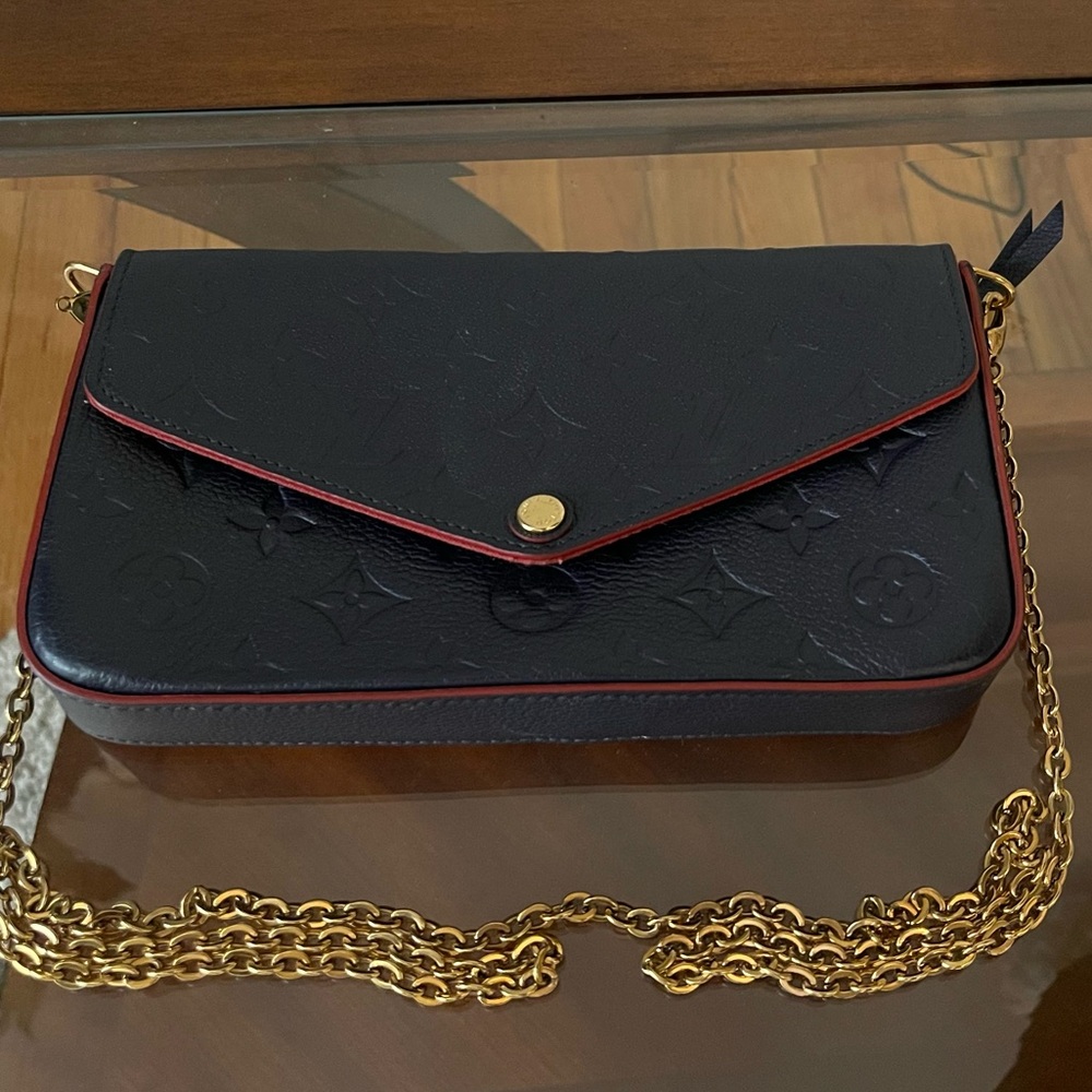 100% Authentic Louis Vuitton Felecie Pochette Bag Monogram Blue Red